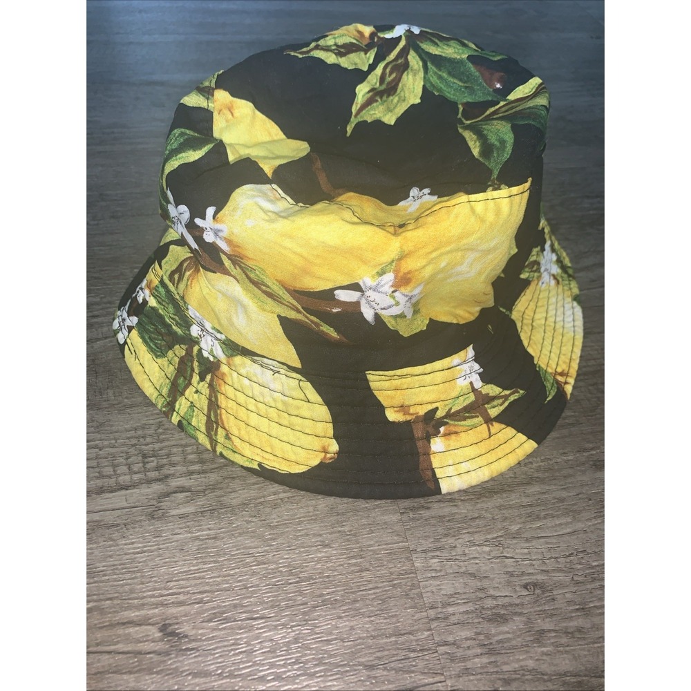 HaT Unisex Reversible Lemon Fruit Print Bucket Hat Black Cotton Sun Hat OS